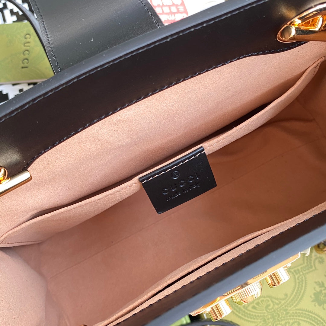 GUCCI PADLOCK MEDIUM 26 SHOULDER BAG BEIGE CANVAS AND BLACK CALFSKIN
