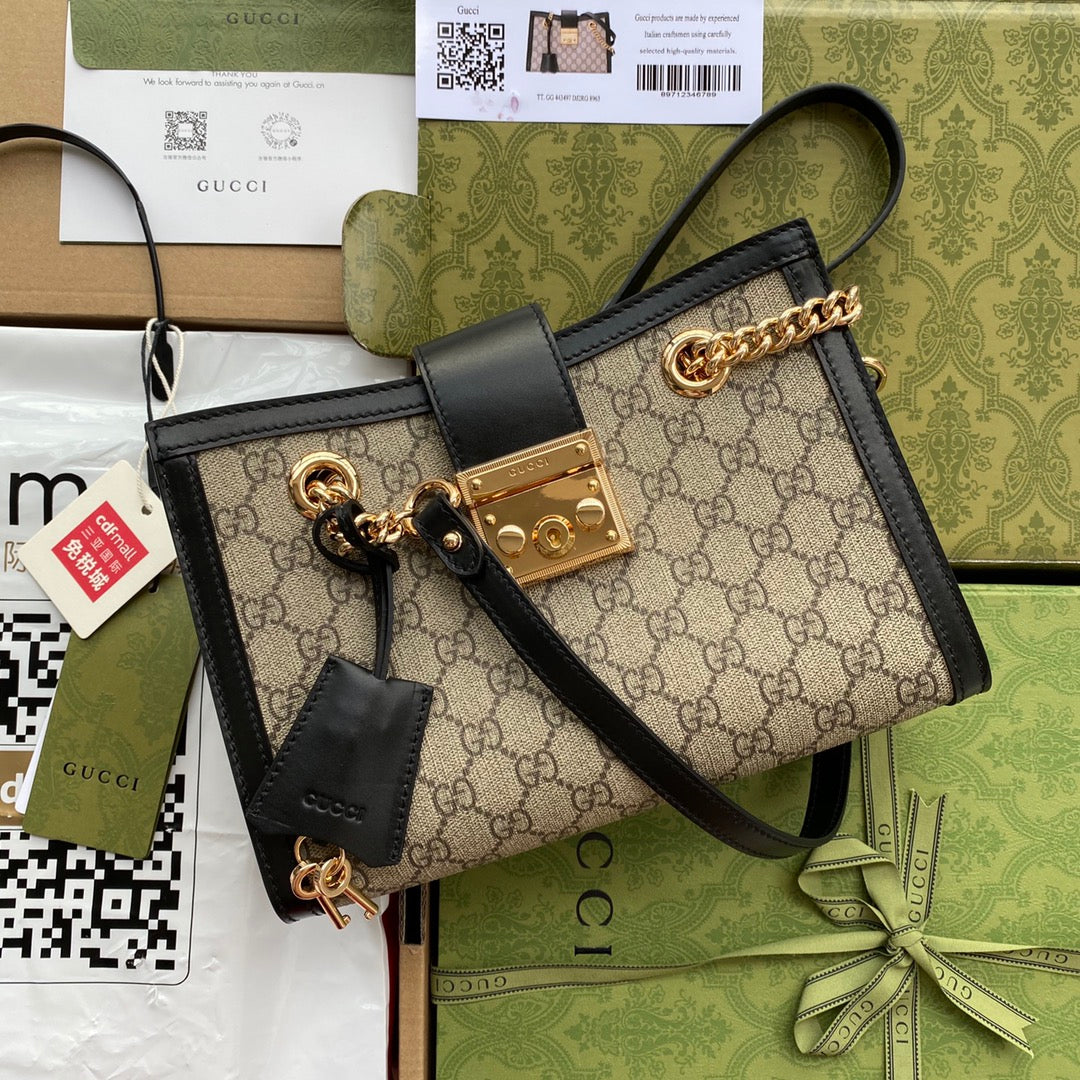 GUCCI PADLOCK MEDIUM 26 SHOULDER BAG BEIGE CANVAS AND BLACK CALFSKIN
