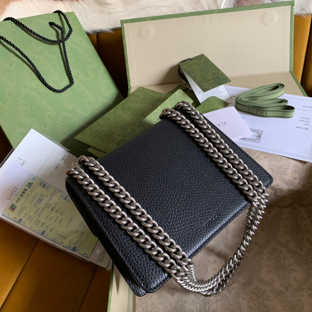 GUCCI DYONYSUS SHOULDER BAG 20 IN BLACK CALFSKIN SILVER HARDWARE