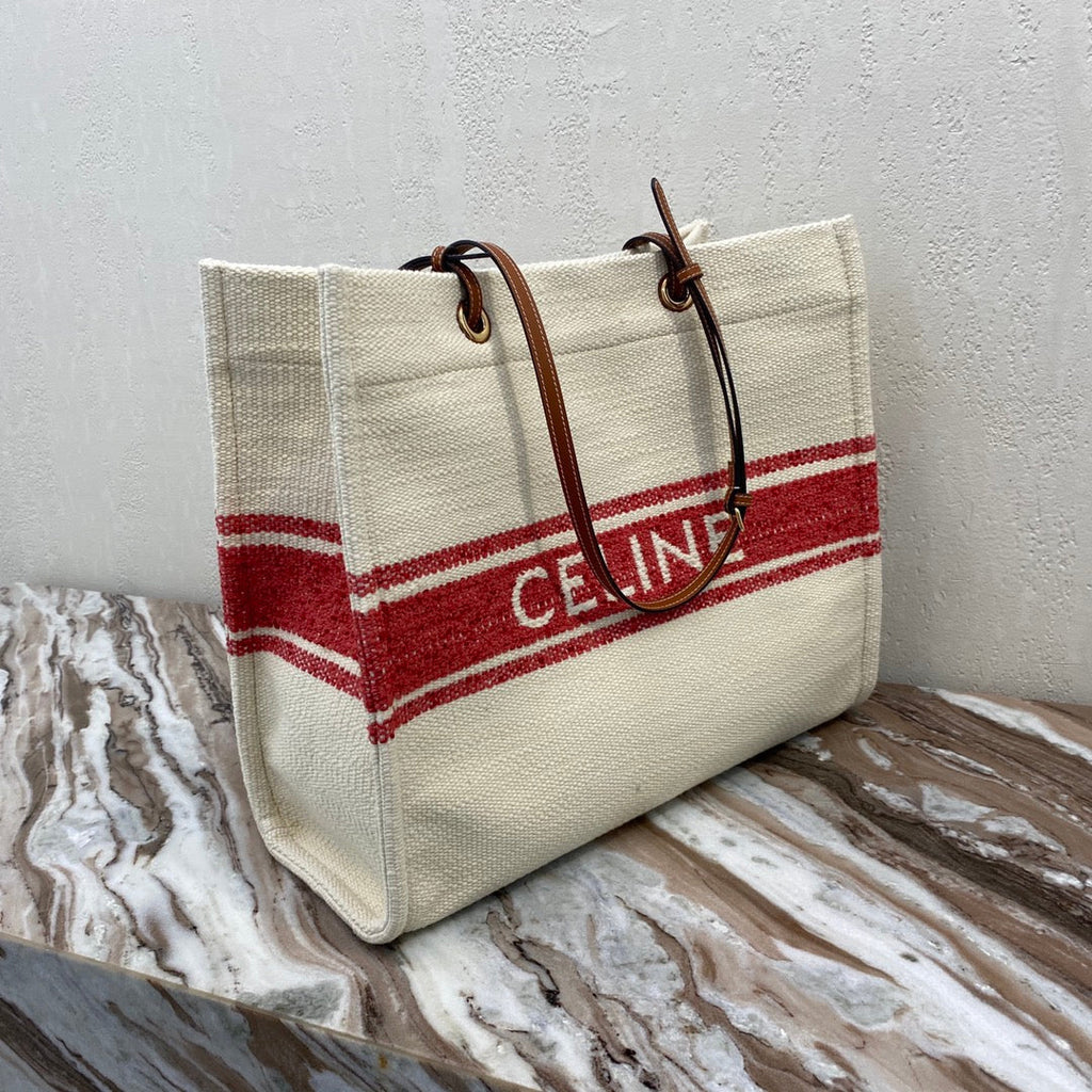 CELINE CANVAS TOTE 43 WHITE/RED DENIM