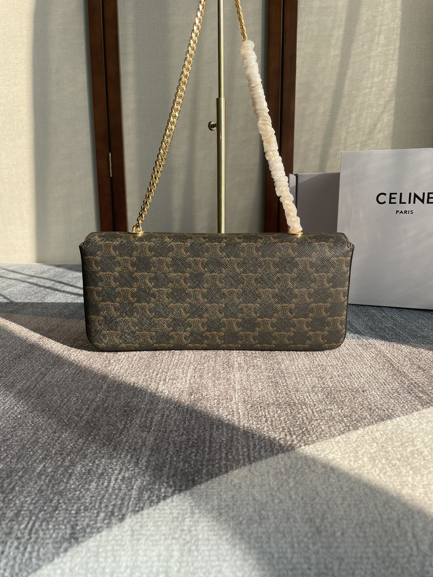 CELINE CHAIN SHOULDER BAG CLAUDE 33 IN BLACK TRIOMPHE CANVAS GOLD HARDWARE