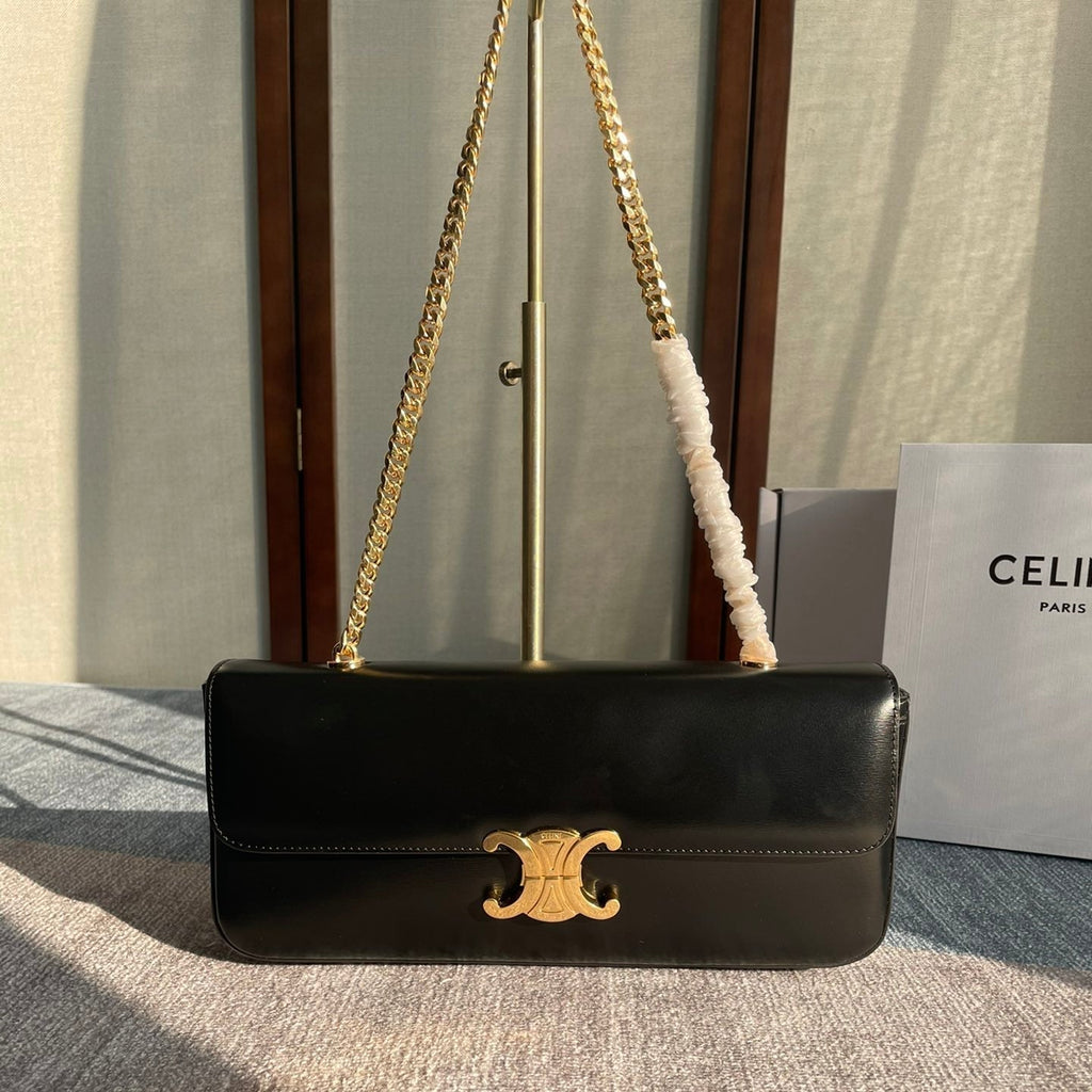 CELINE CHAIN SHOULDER BAG CLAUDE 33 IN BLACK CALFSKIN GOLD HARDWARE