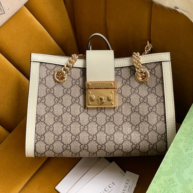 GUCCI PADLOCK MEDIUM 26 SHOULDER BAG BEIGE CANVAS AND WHITE CALFSKIN