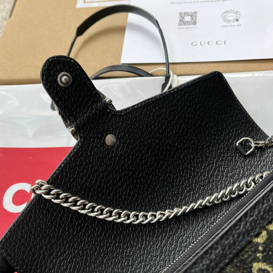 GUCCI DYONYSUS SHOULDER BAG 20 IN BLACK YELLOW DENIM AND BLACK CALFSKIN TRIM SILVER HARDWARE