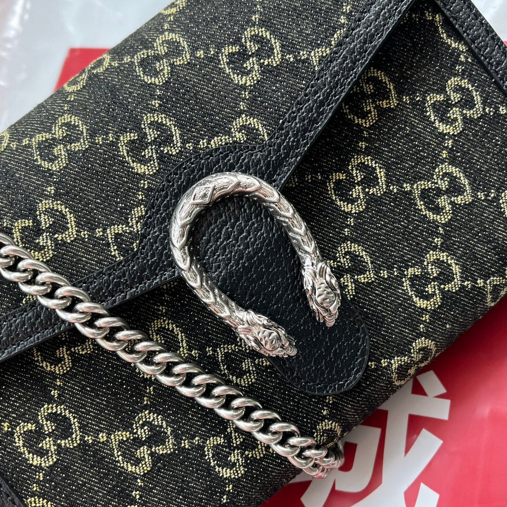 GUCCI DYONYSUS SHOULDER BAG 20 IN BLACK YELLOW DENIM AND BLACK CALFSKIN TRIM SILVER HARDWARE