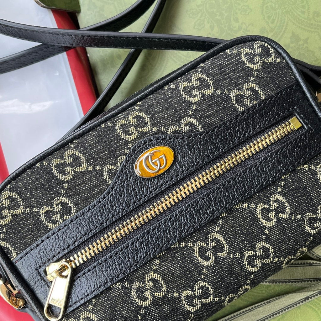GUCCI DENIM SHOULDER BAG 17 BLACK WITH LEATHER TRIM