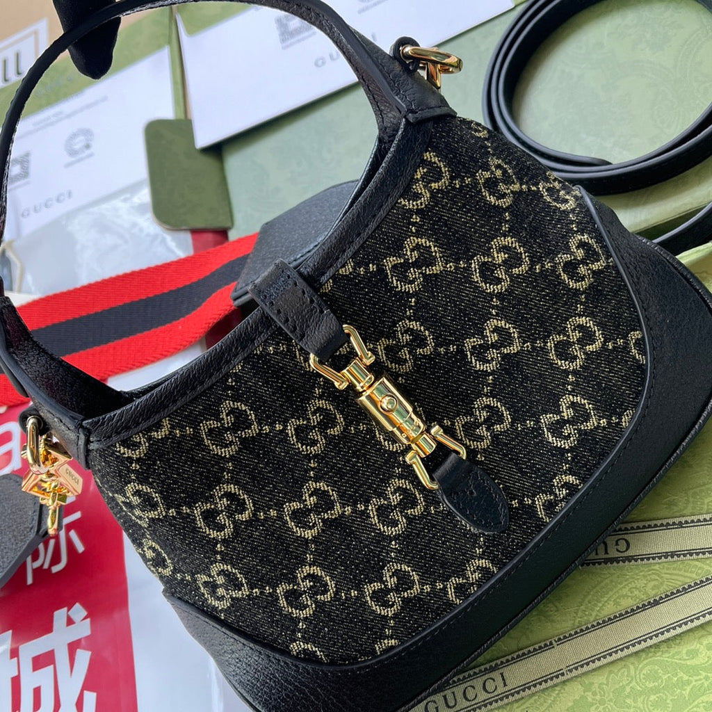 GUCCI JACKIE 1961 SMALL HANDBAG 19 IN BLACK YELLOW DENIM AND BLACK CALFSKIN TRIM GOLD HARDWARE