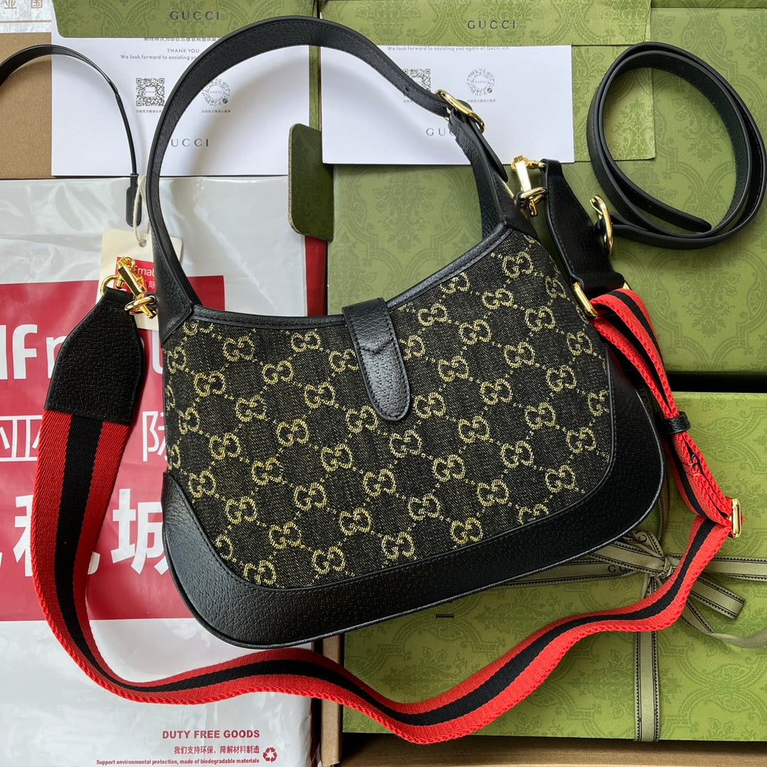 GUCCI JACKIE 1961 SHOULDER BAG 28 IN BLACK YELLOW DENIM AND BLACK CALFSKIN TRIM GOLD HARDWARE