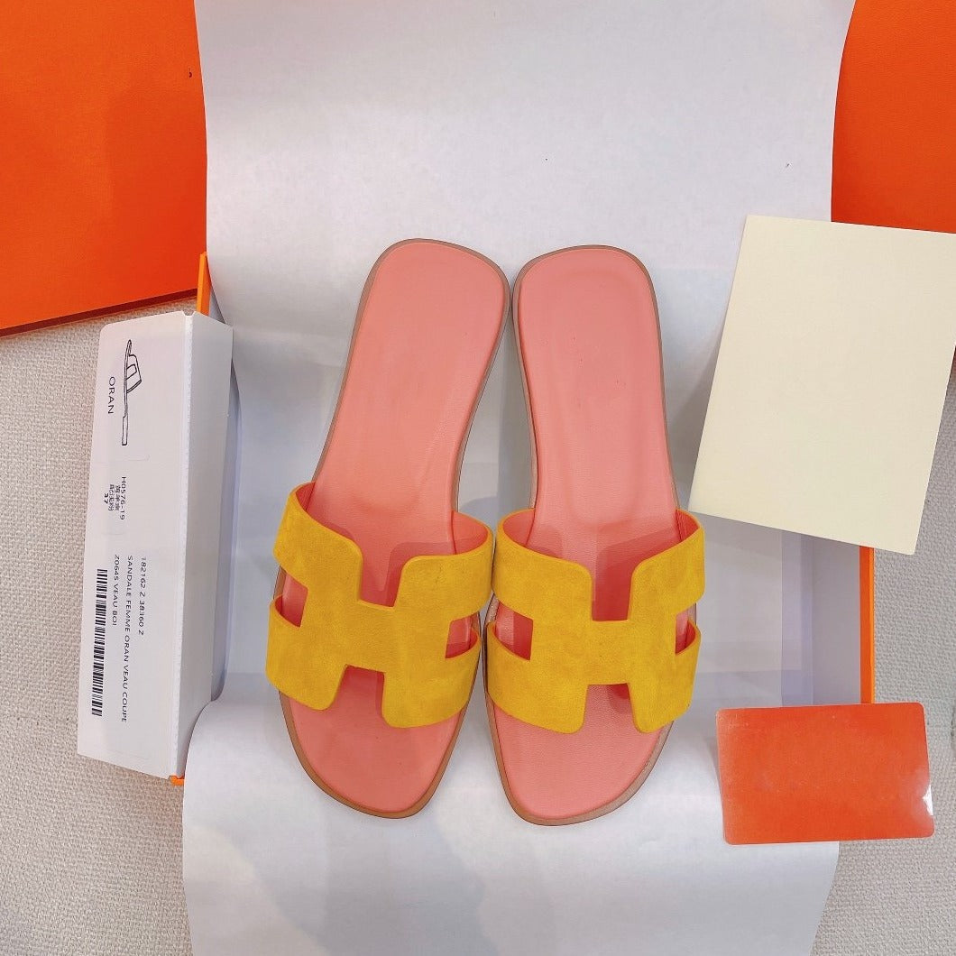 HERMES 0ran Sandal Light Pink/Yellow Suede