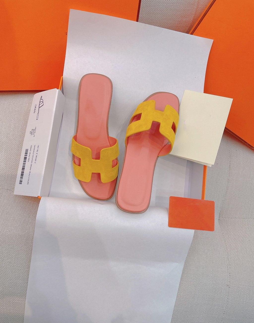 HERMES 0ran Sandal Light Pink/Yellow Suede