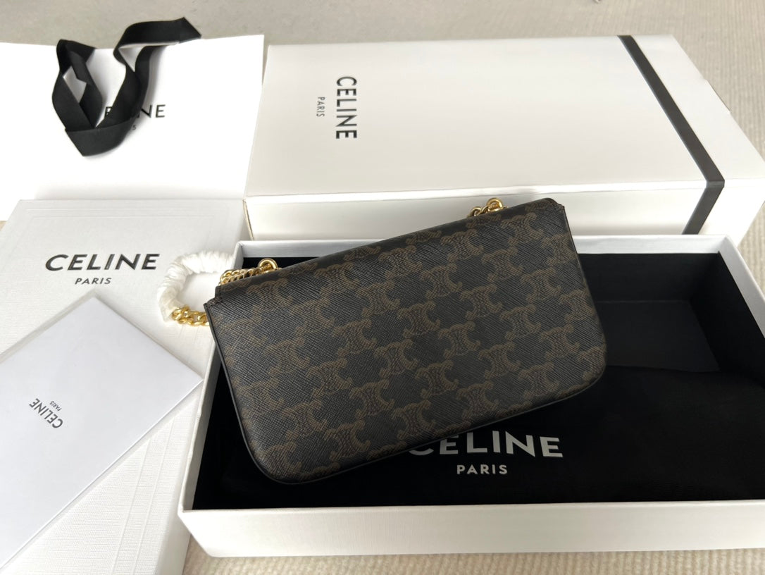 CELINE TRIPHOME 20 BLACK PATTERN COWHIDE LEATHER CHAIN STRAP BAG