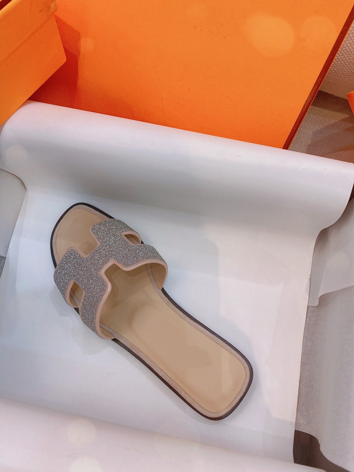 HERMES 0ran Sandal Caviar Light Brown Leather