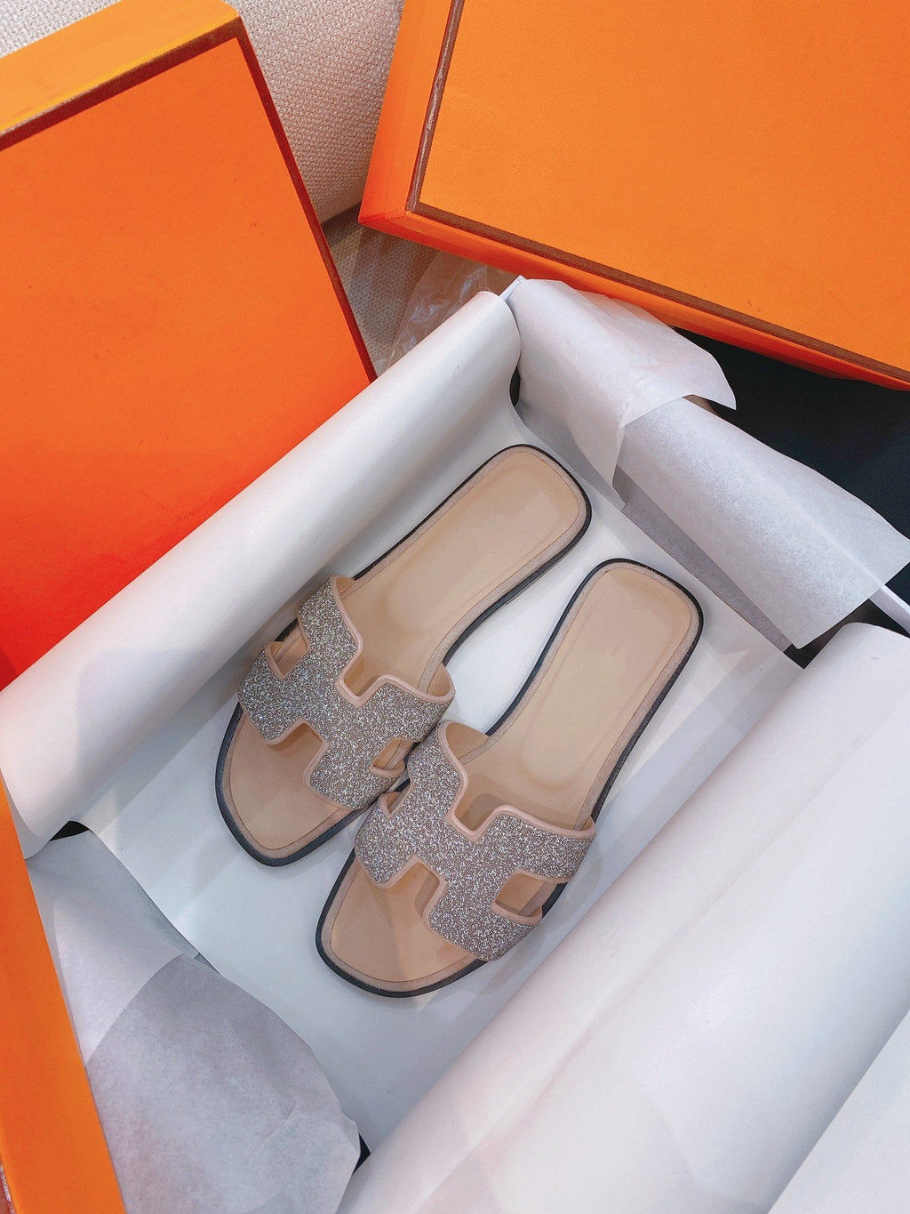 HERMES 0ran Sandal Caviar Light Brown Leather