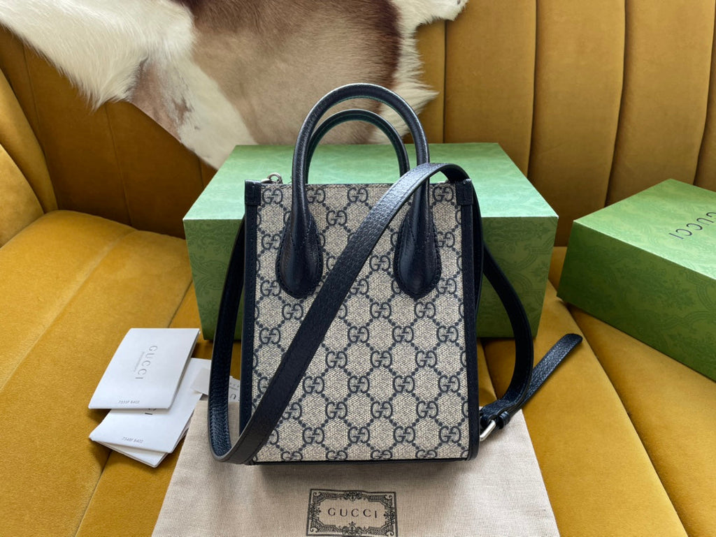 GUCCI MINI TOTE  20 BAG IN BEIGE CANVAS AND BLACK CALFSKIN