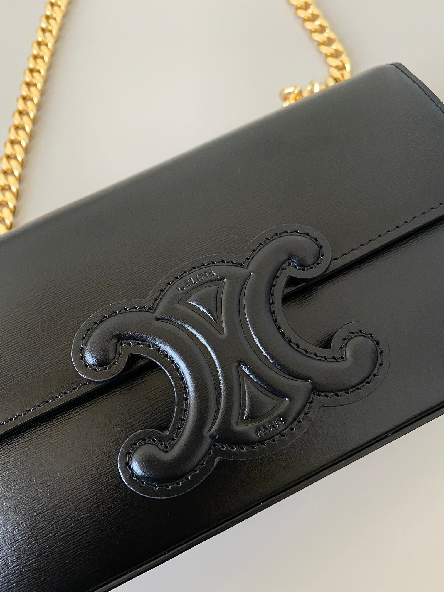 CELINE 20 CHAIN EMBOSSED ARMPIT BAG BLACK CALFSKIN