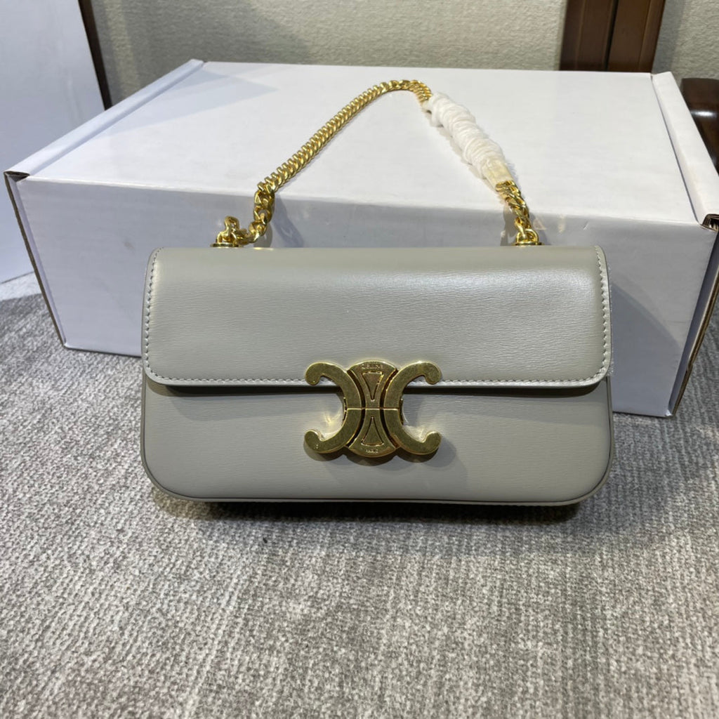 CELINE CHAIN EMBOSSED ARMPIT BAG 20 IN STONE GRAY CALFSKIN