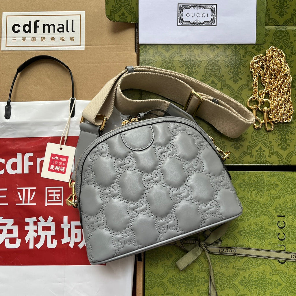 GUCCI MATELASSÉ LEATHER SHOULDER BAG 23 IN GRAY EMBOSSED CALFSKIN GOLD HARDWARE