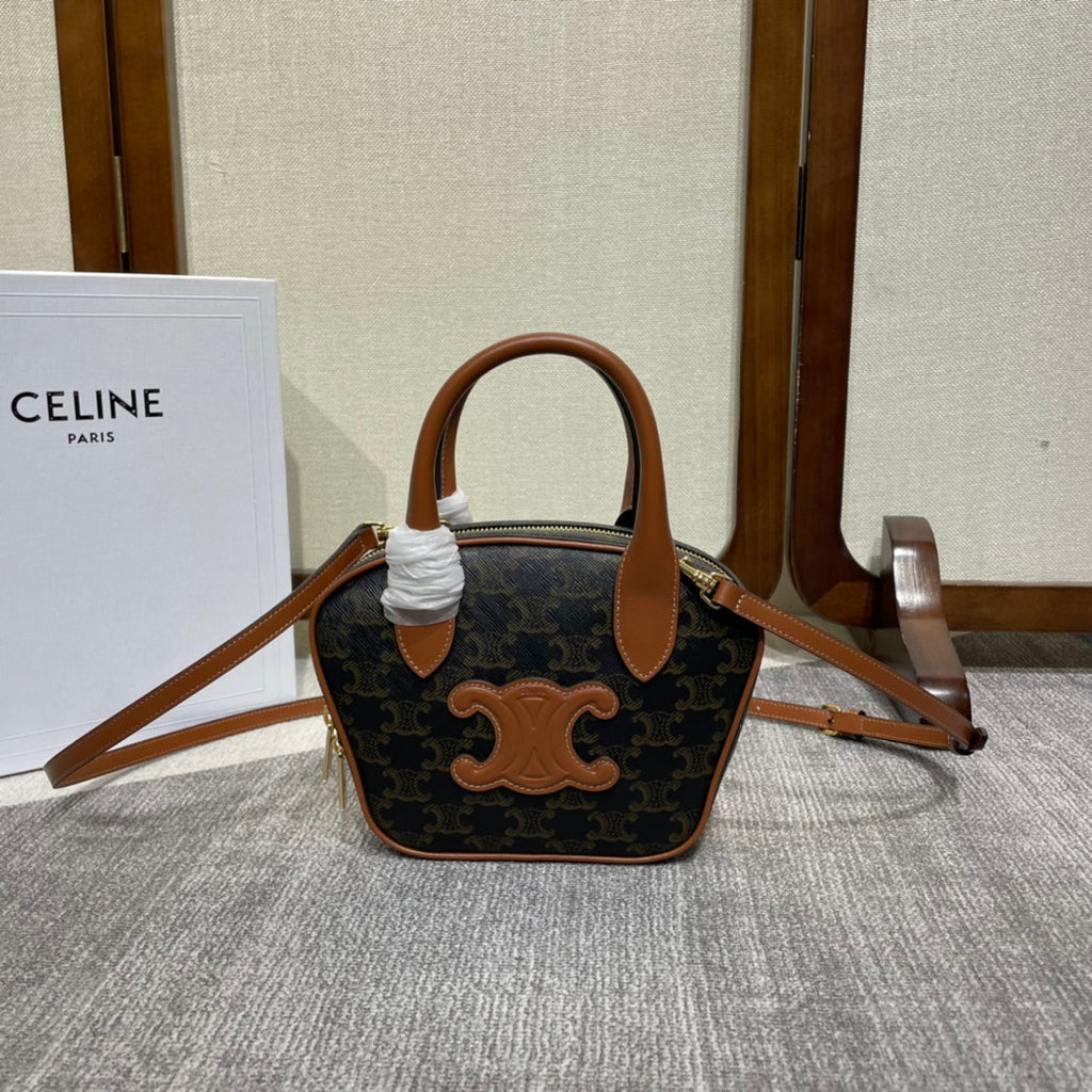 CELINE TOP HANDLE BAG 20 IN BLACK TRIOMPHE CANVAS AND BROWN CALFSKIN