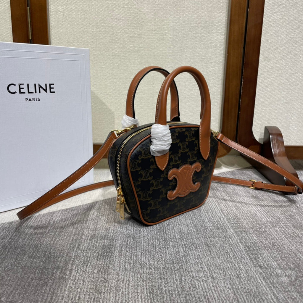 CELINE TOP HANDLE BAG 20 IN BLACK TRIOMPHE CANVAS AND BROWN CALFSKIN