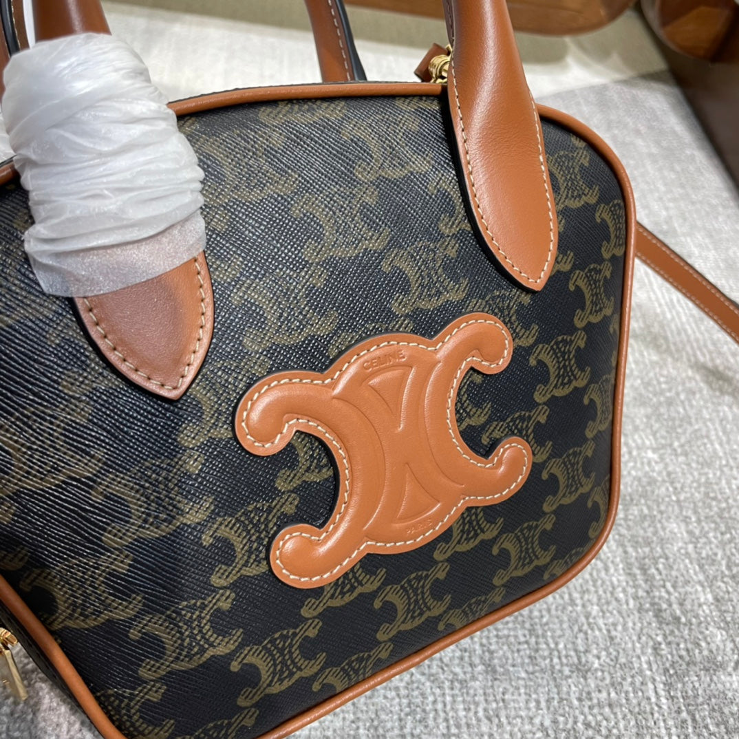 CELINE TOP HANDLE BAG 20 IN BLACK TRIOMPHE CANVAS AND BROWN CALFSKIN