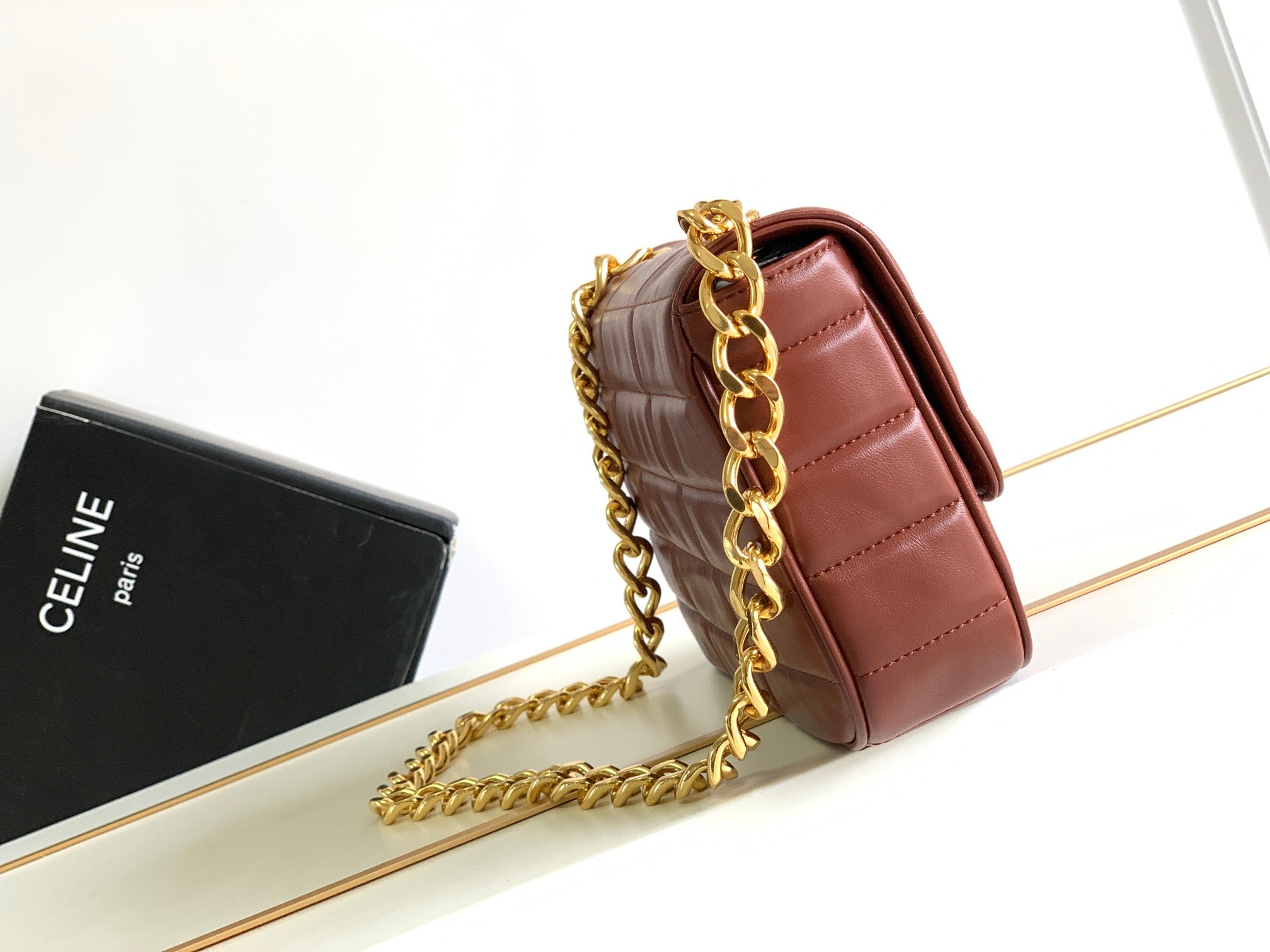 CELINE MONOCHROME 24 QUILTED CHERRY RED LAMBSKIN CHAIN SHOUDER BAG