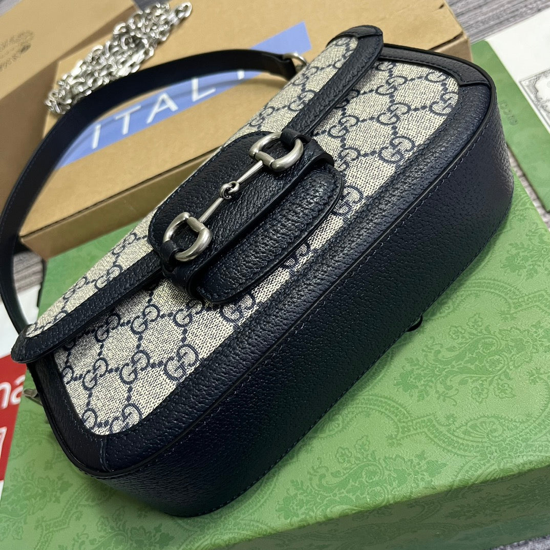 GUCCI HORSEBIT 1955 BAG 24 IN BEIGE CANVAS AND BLACK CALFSKIN