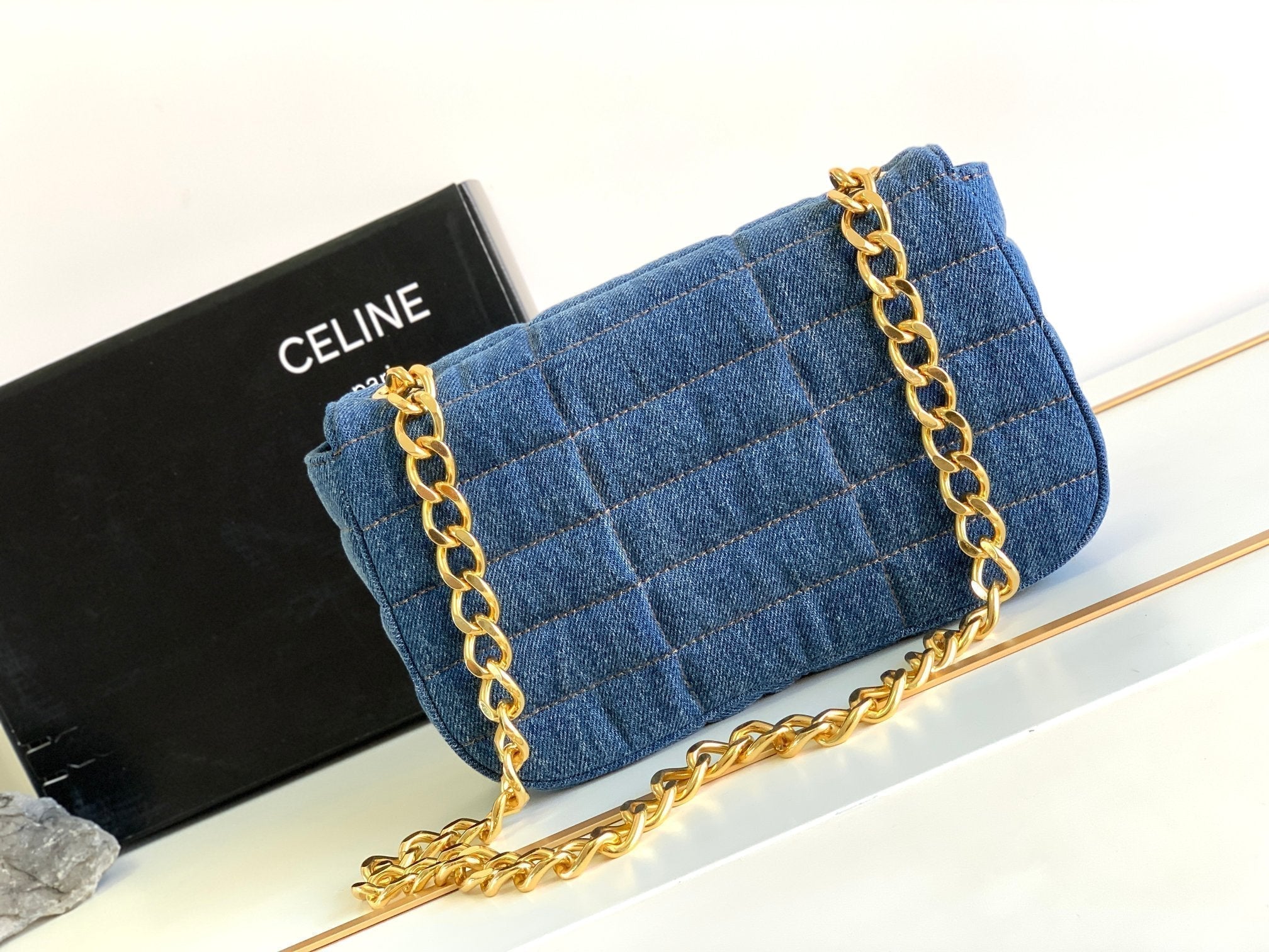 CELINE DENIM LEATHER 24 CHAIN SHOUDER BAG