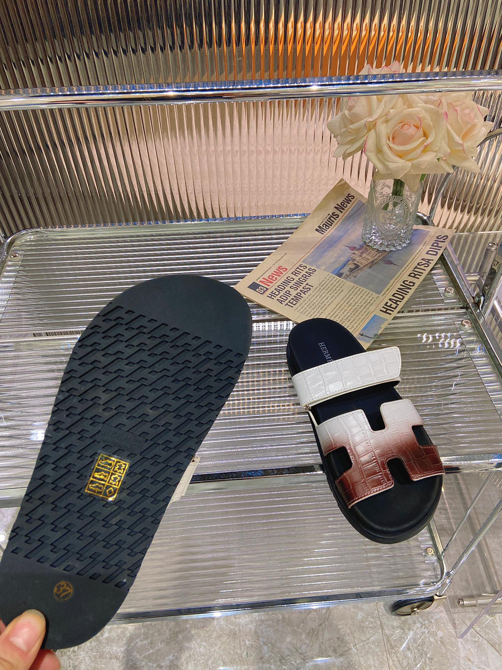 HERMES CHYPRE SANDAL OMBRE WHITE BROWN CALFSKIN
