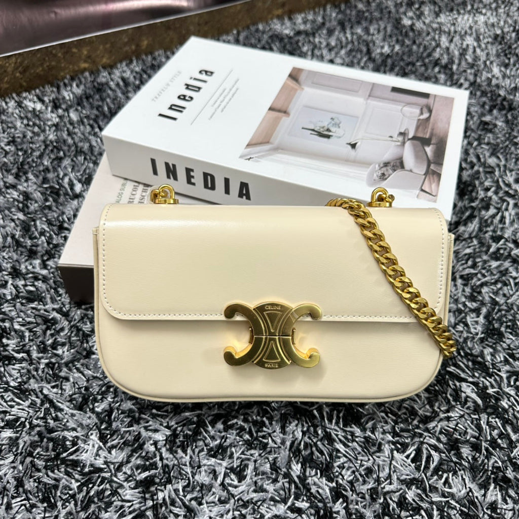 CELINE TRIPHOME 20 WHITE COWHIDE LEATHER CHAIN STRAP BAG