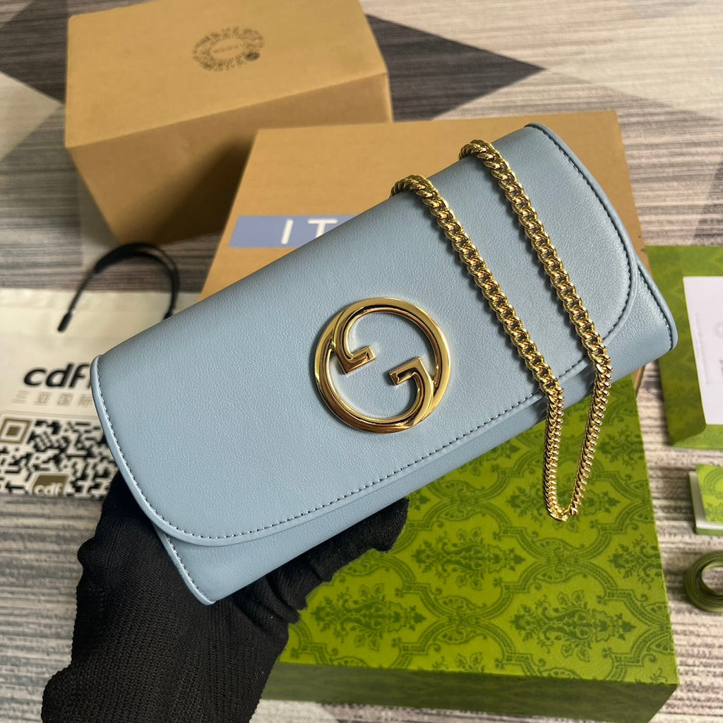 GUCCI BLONDIE SHOULDER BAG 21 IN SKY BLUE CALFSKIN GOLD HARDWARE