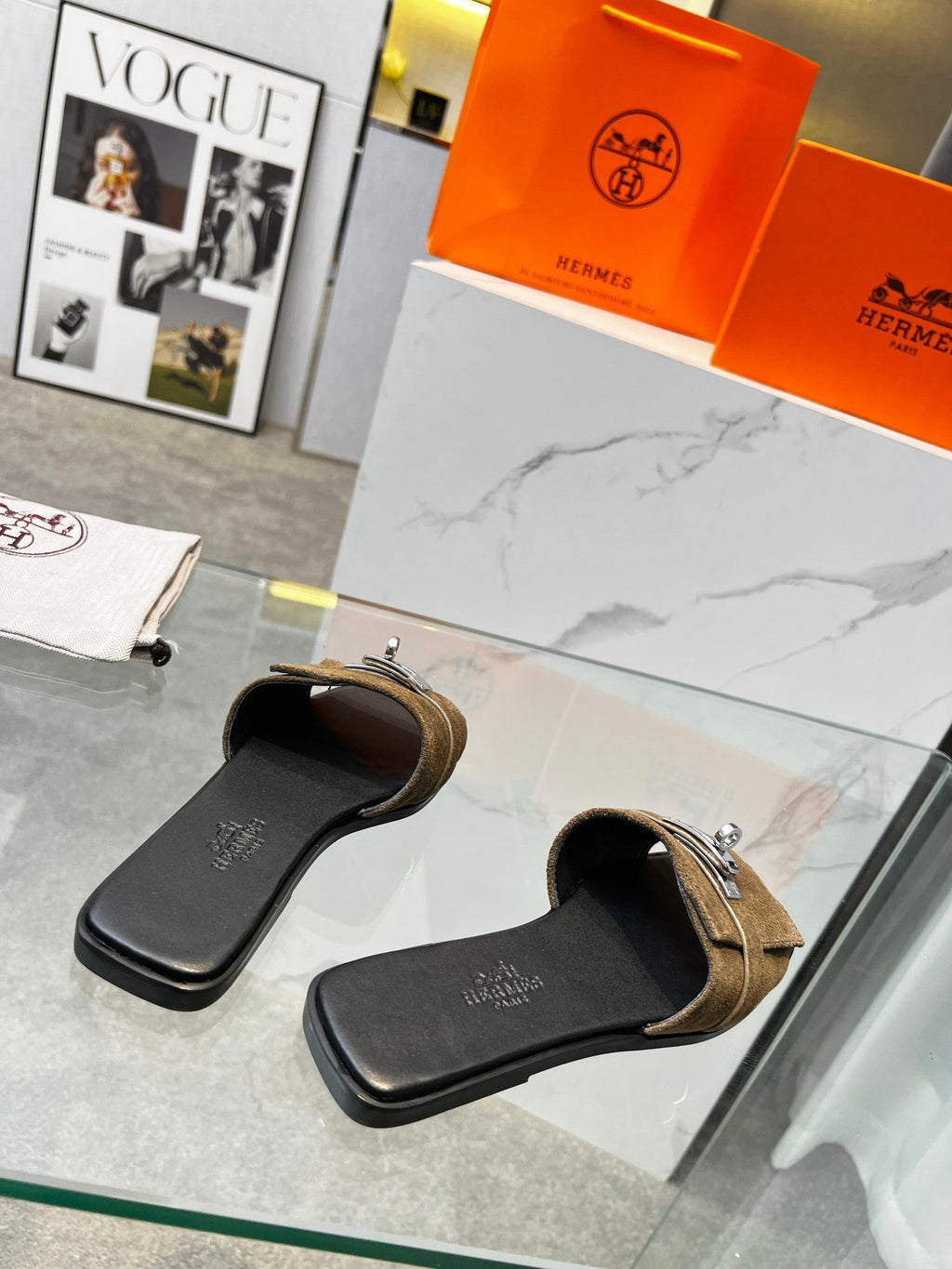 HERMES Giulia Sandal Brown Suede Black Calfskin