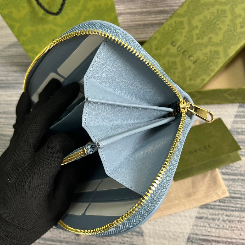 GUCCI BLONDIE 21 FULL ZIP WALLET IN BLUE PASTEL CALFSKIN