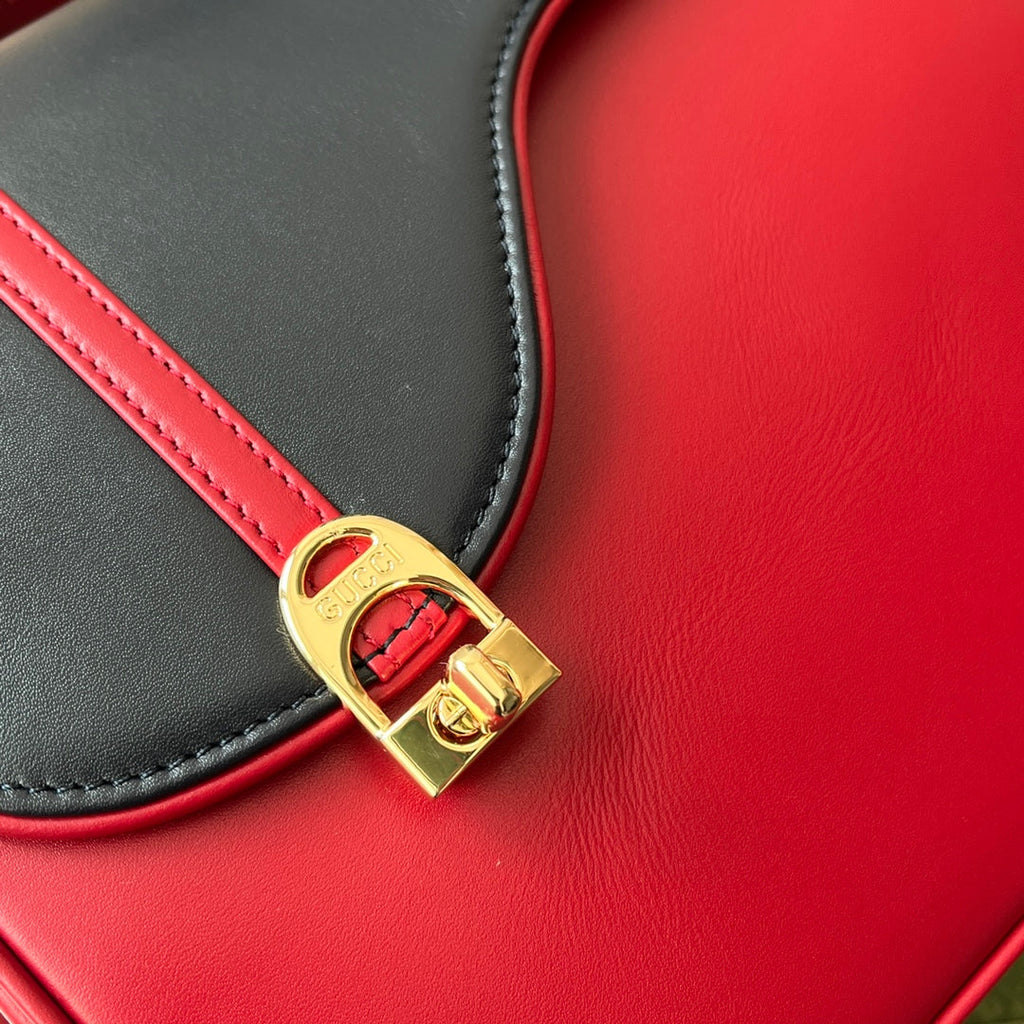 GUCCI EQUESTRIAN STYLE SHOULDER BAG 21 IN RED MIX BLACK CALFSKIN GOLD HARDWARE