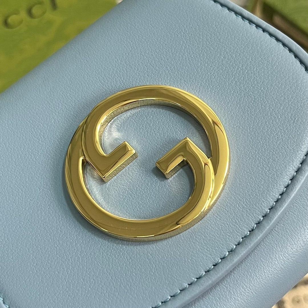GUCCI BLONDIE INTERLOCK MINI SHOULDER BAG 12 IN SKY BLUE CALFSKIN GOLD CHAIN