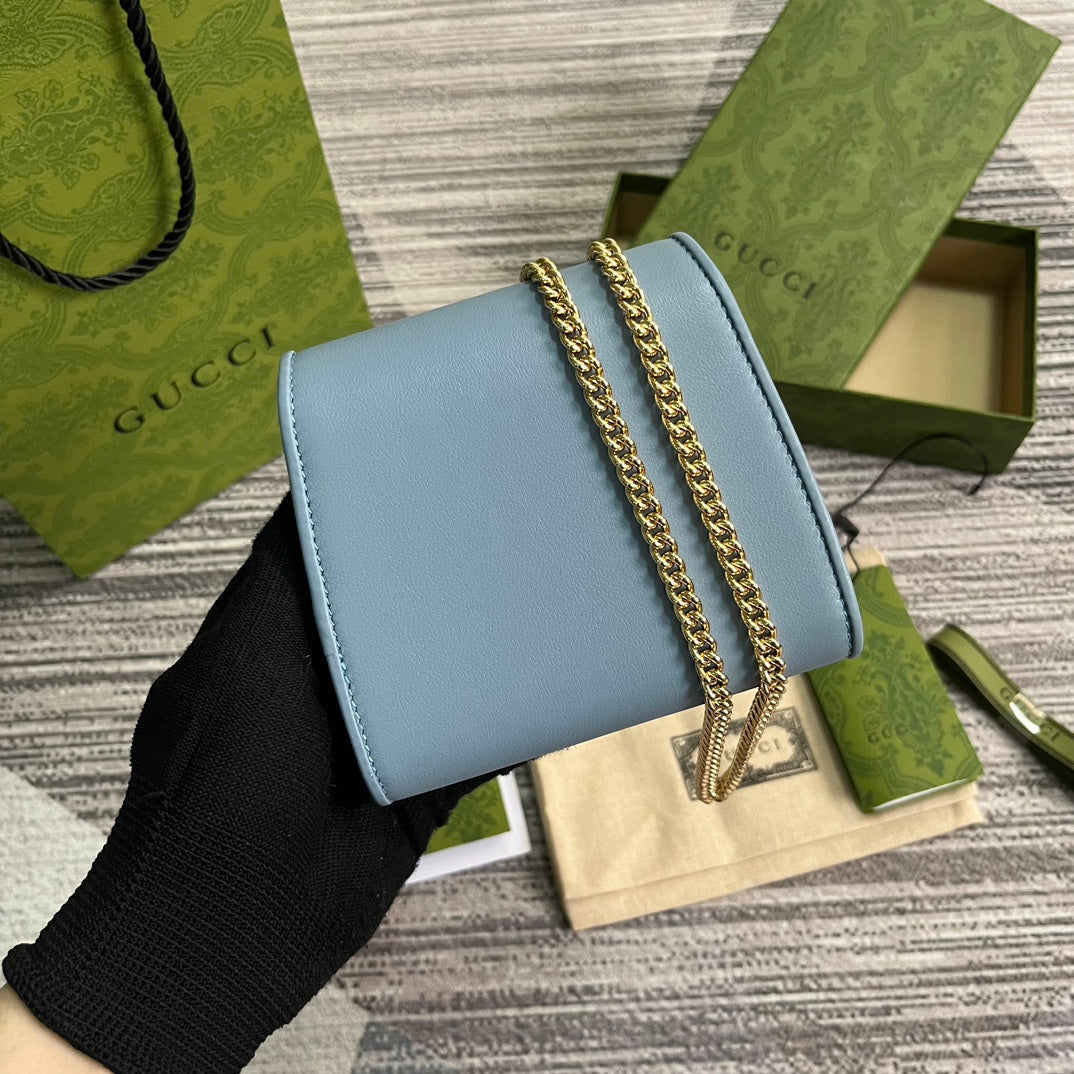 GUCCI BLONDIE INTERLOCK MINI SHOULDER BAG 12 IN SKY BLUE CALFSKIN GOLD CHAIN