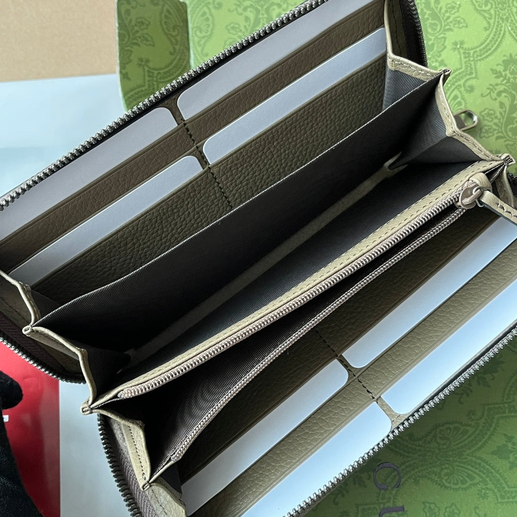 GUCCI FULL-ZIP WALLET 19 IN MOSS GREEN EMBOSSED CALFSKIN