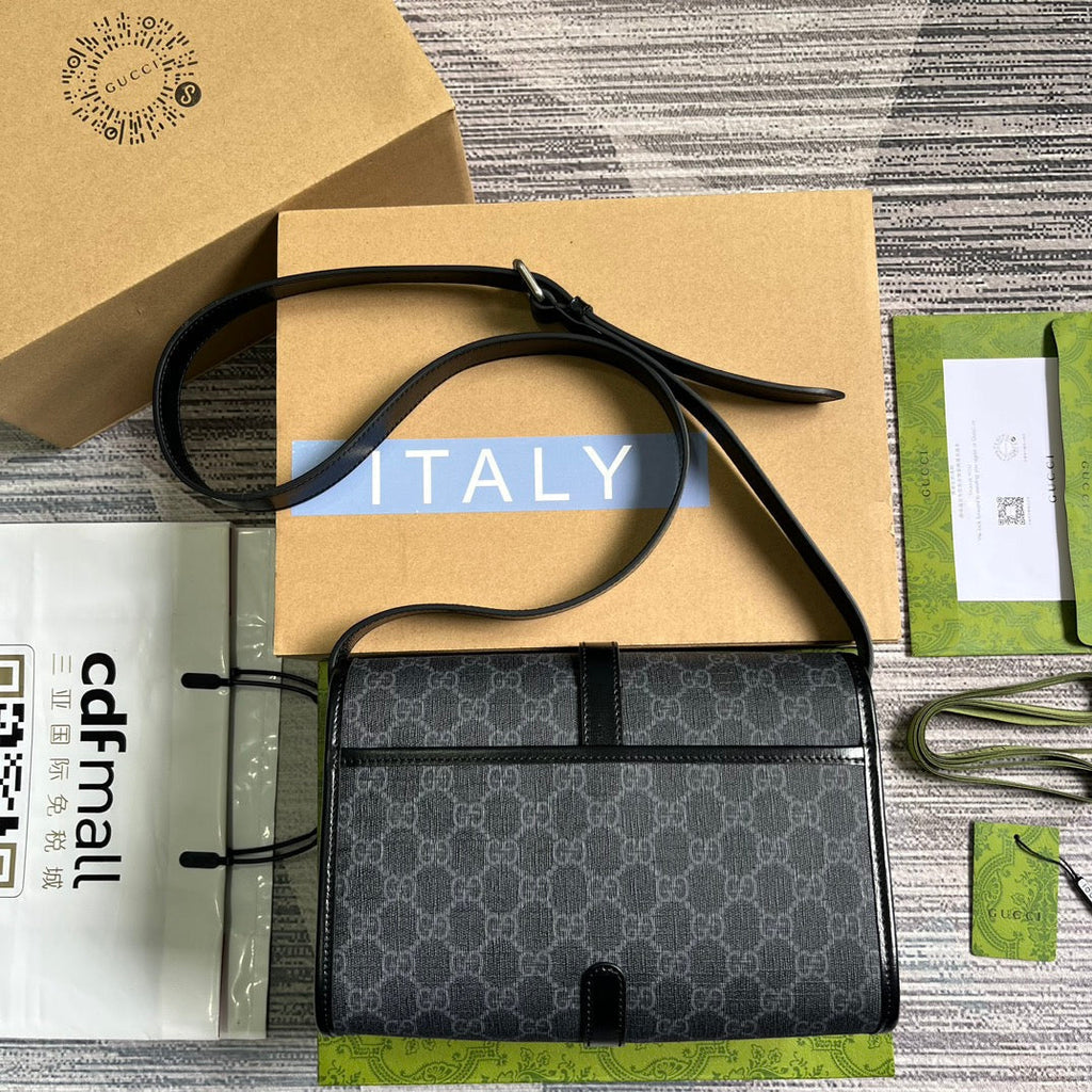 GUCCI MESSENGER BAG 25 IN DARK GREY CANVAS ANG BLACK CALFSKIN