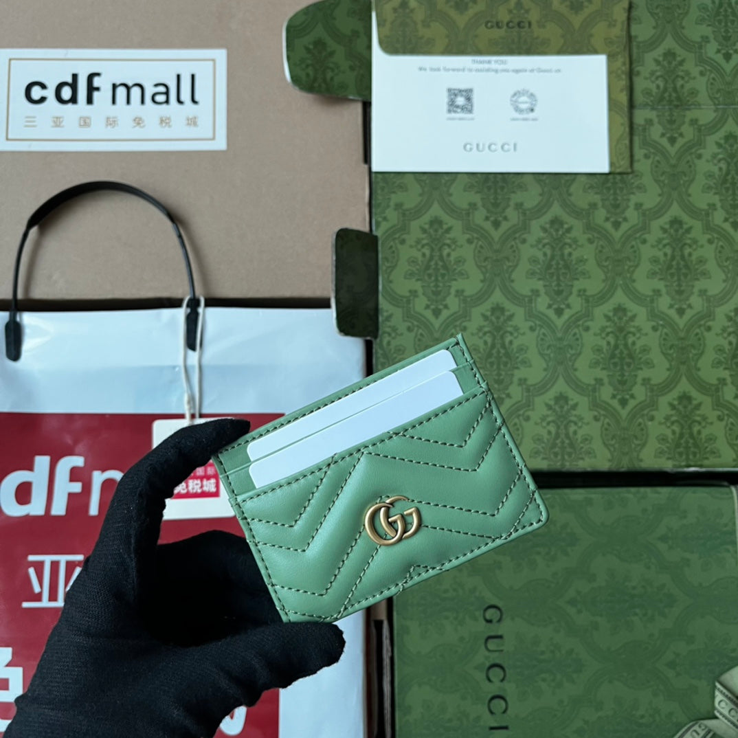 GUCCI MARMONT QUILTED CARD CASE 10 IN LIGHT GREEN LAMBSKIN