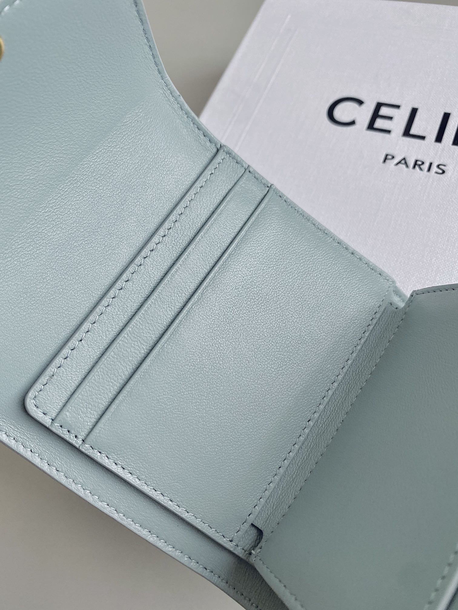 CELINE TRIPHOME 10 TRIFOLD WALLET CALFSKIN BLUE PASTEL