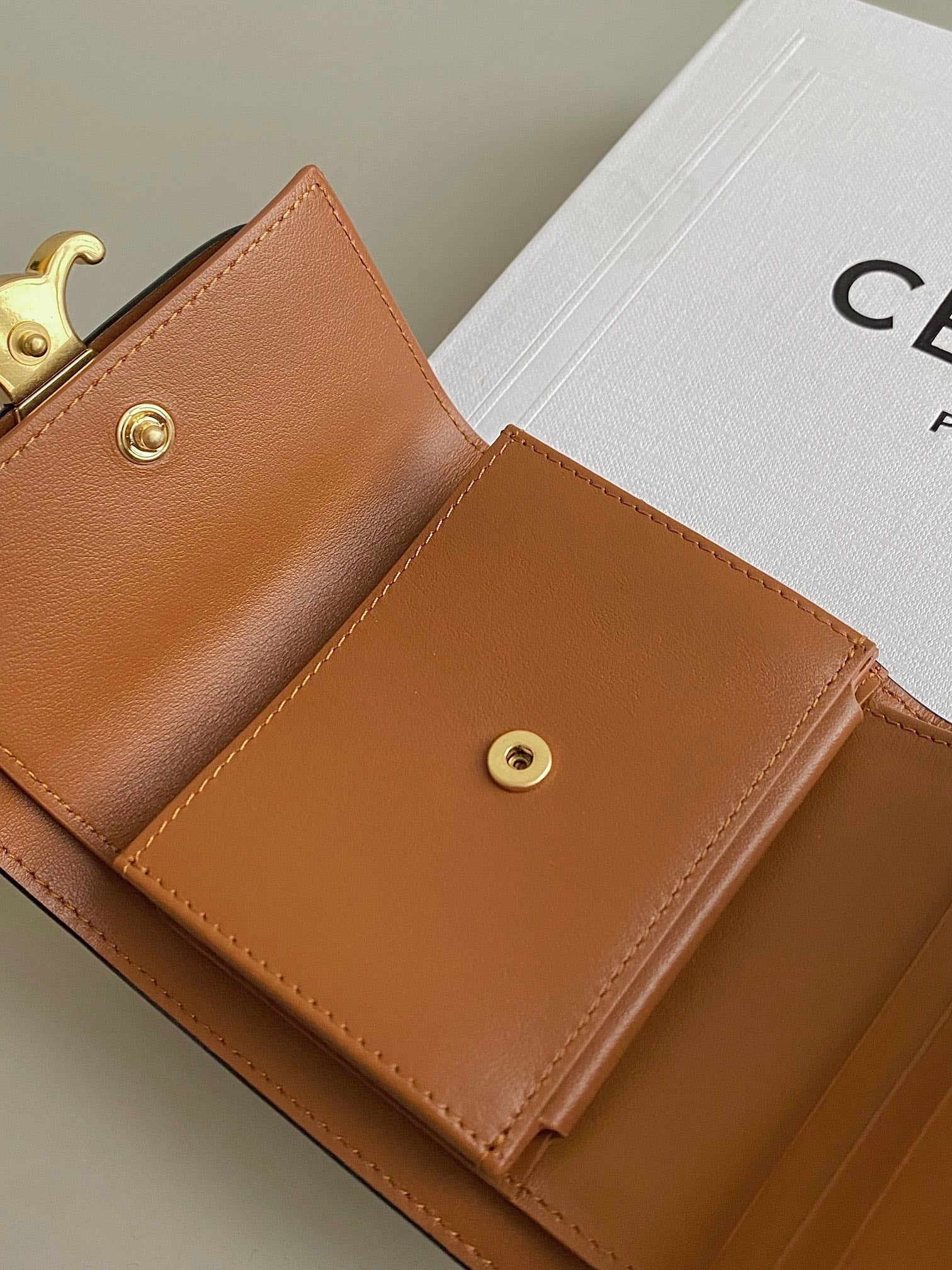 CELINE TRIPHOME 10 TRIFOLD WALLET CALFSKIN CINNAMON BROWN