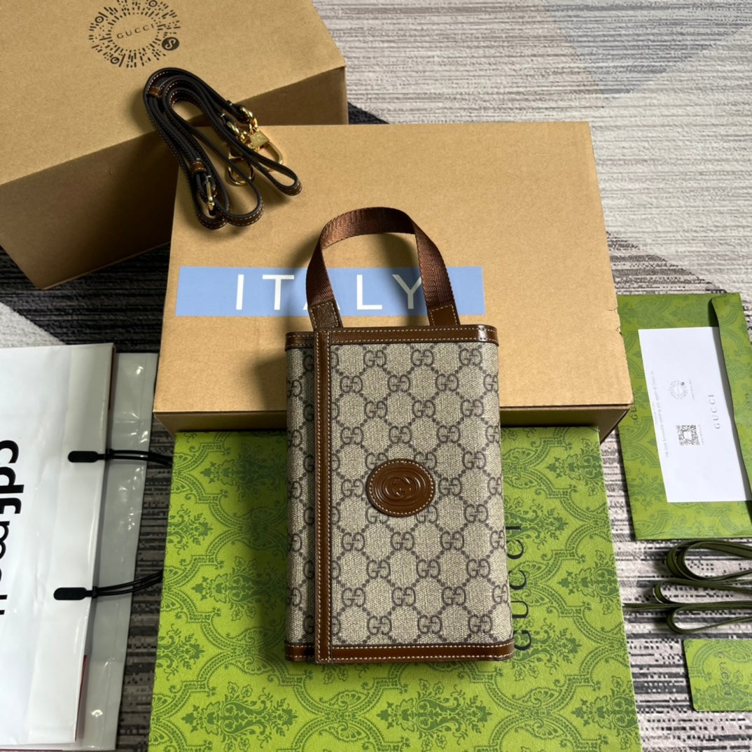 GUCCI CLASP CLUTCH 20 IN BEIGE CANVAS AND BROWN CALFSKIN