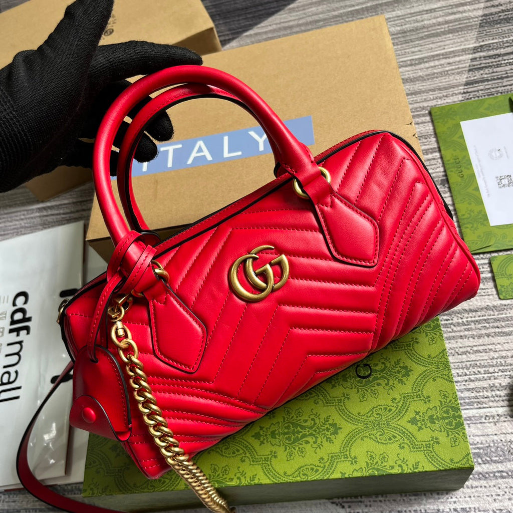 GUCCI MARMONT MATELASSE 27 HANDBAG CHERRY RED CALFSKIN
