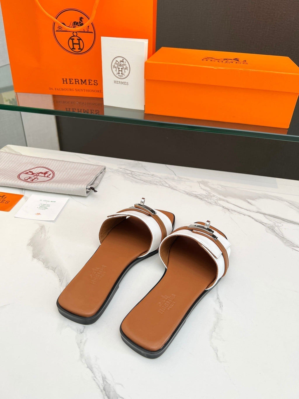 HERMES Giulia Sandal White Tan Calfskin
