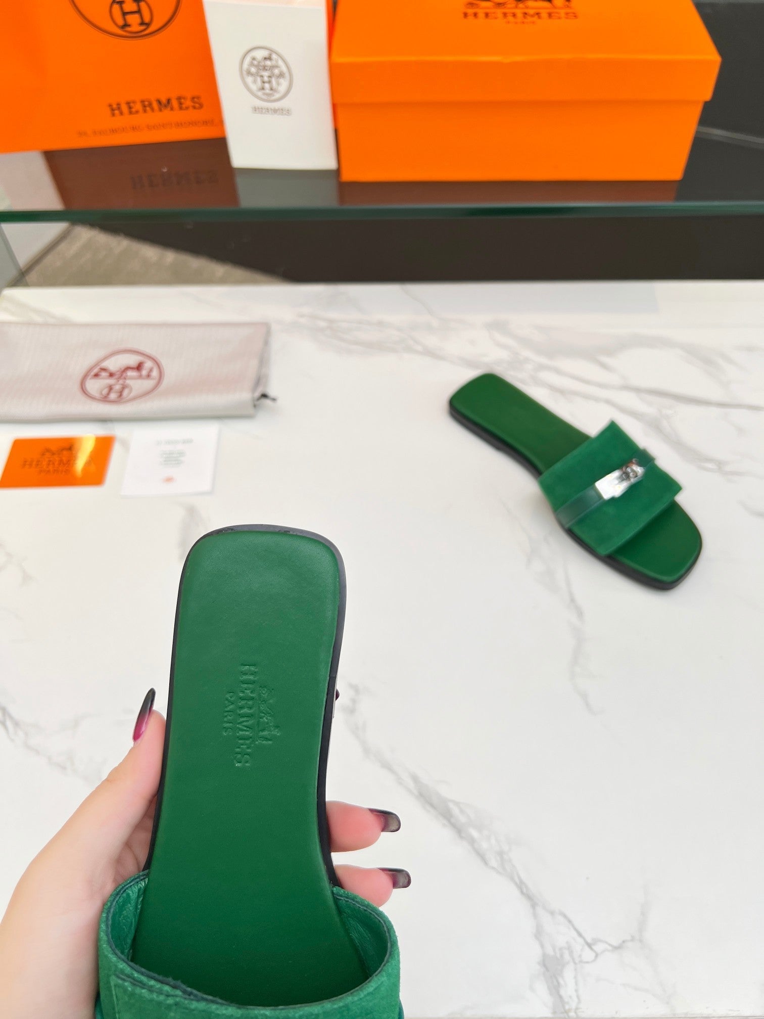 HERMES Giulia Sandal Green Suede Green Calfskin