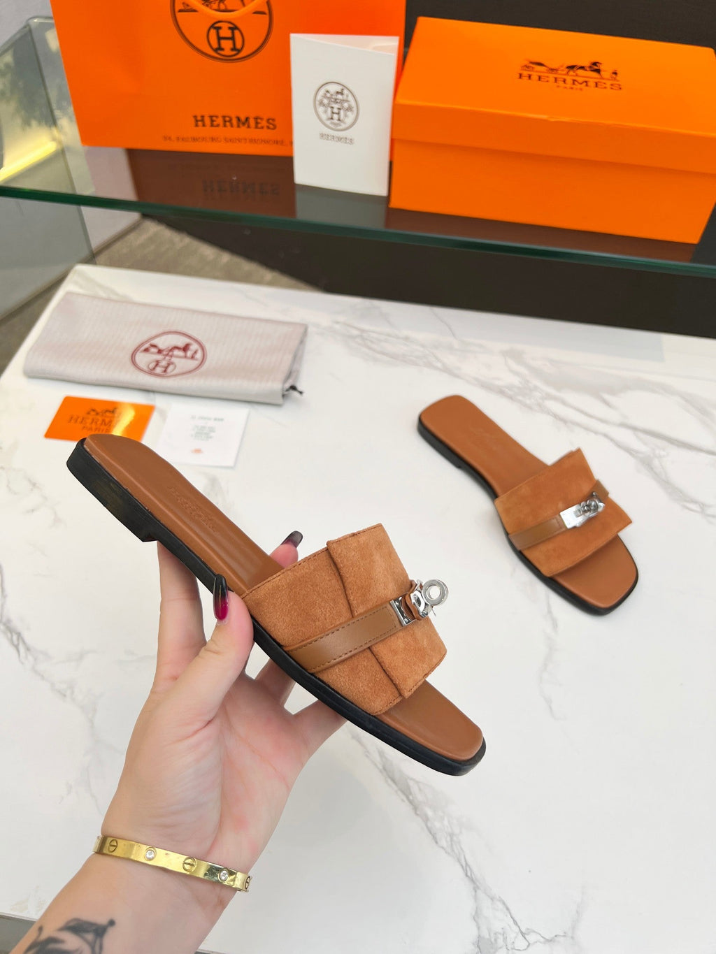 HERMES Giulia Sandal Tan Suede Tan Calfskin