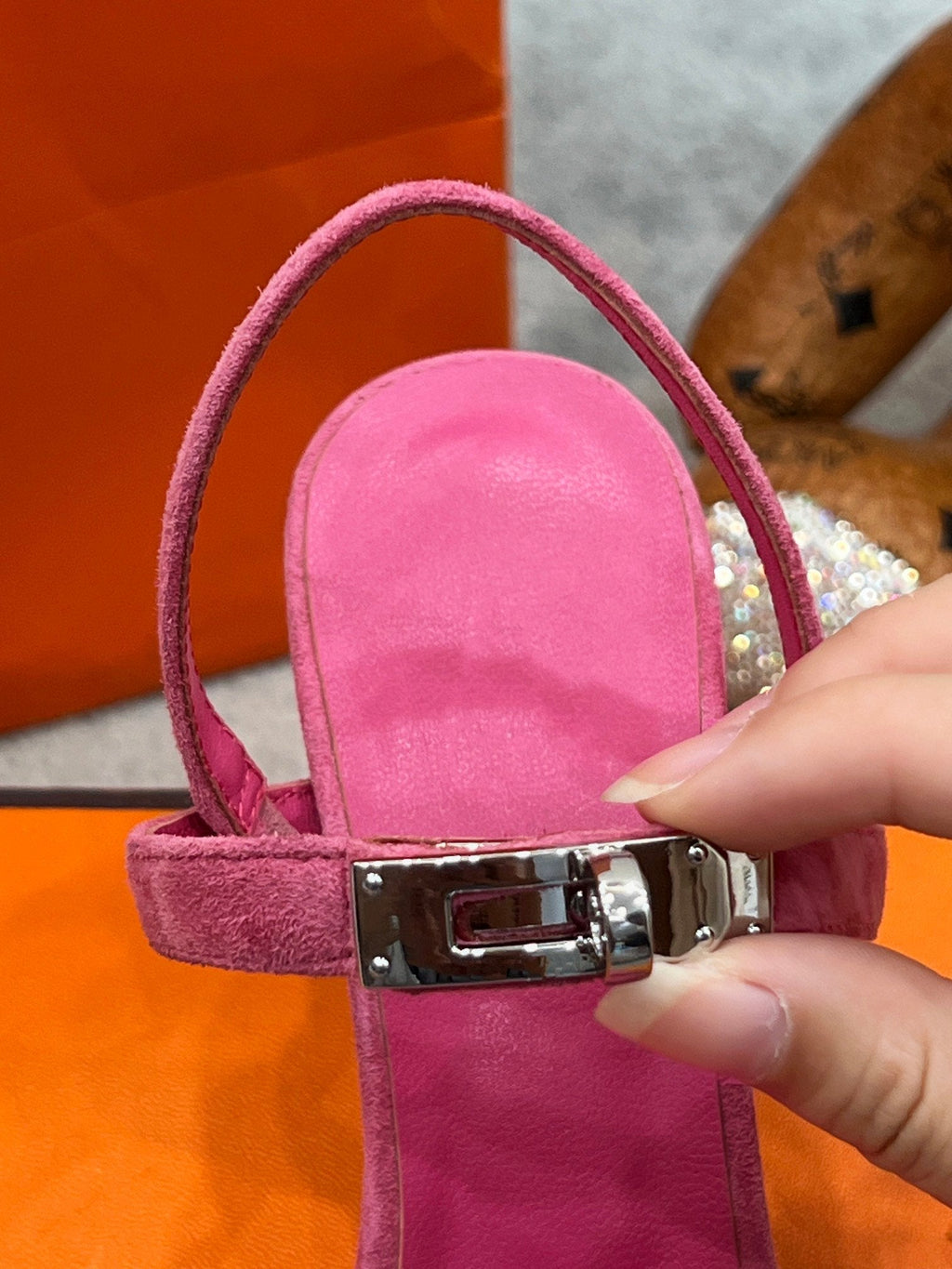 HERMES Glamour 75 Sandal Pink Suede