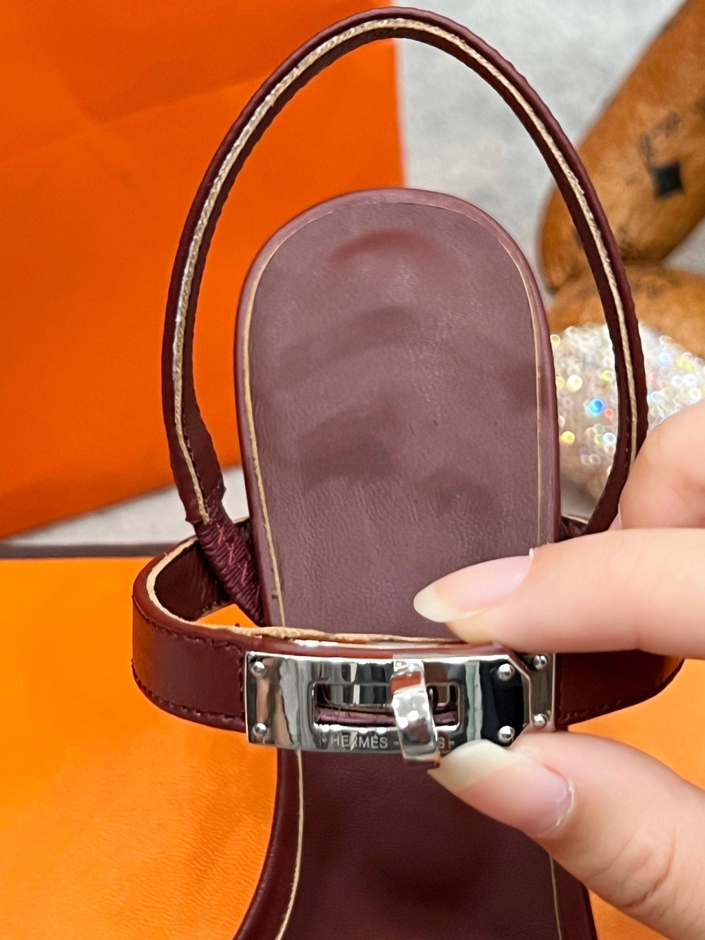 HERMES Glamour 75 Sandal Red Brown Leather