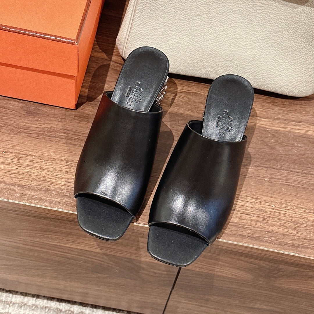 HERMES GLAM MULE 60 BLACK LAMBSKIN