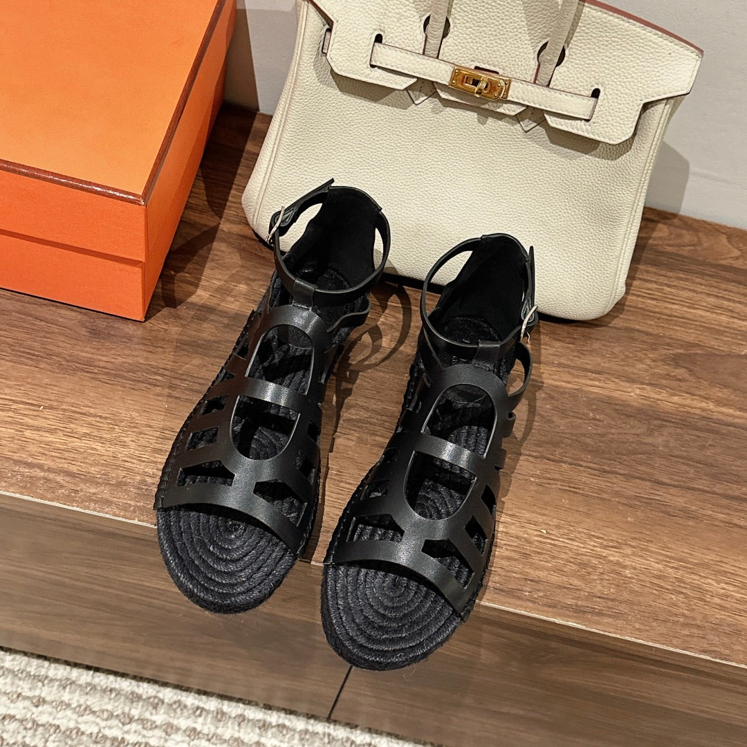 HERMES STRAW SOLE SANDAL BLACK LAMBSKIN