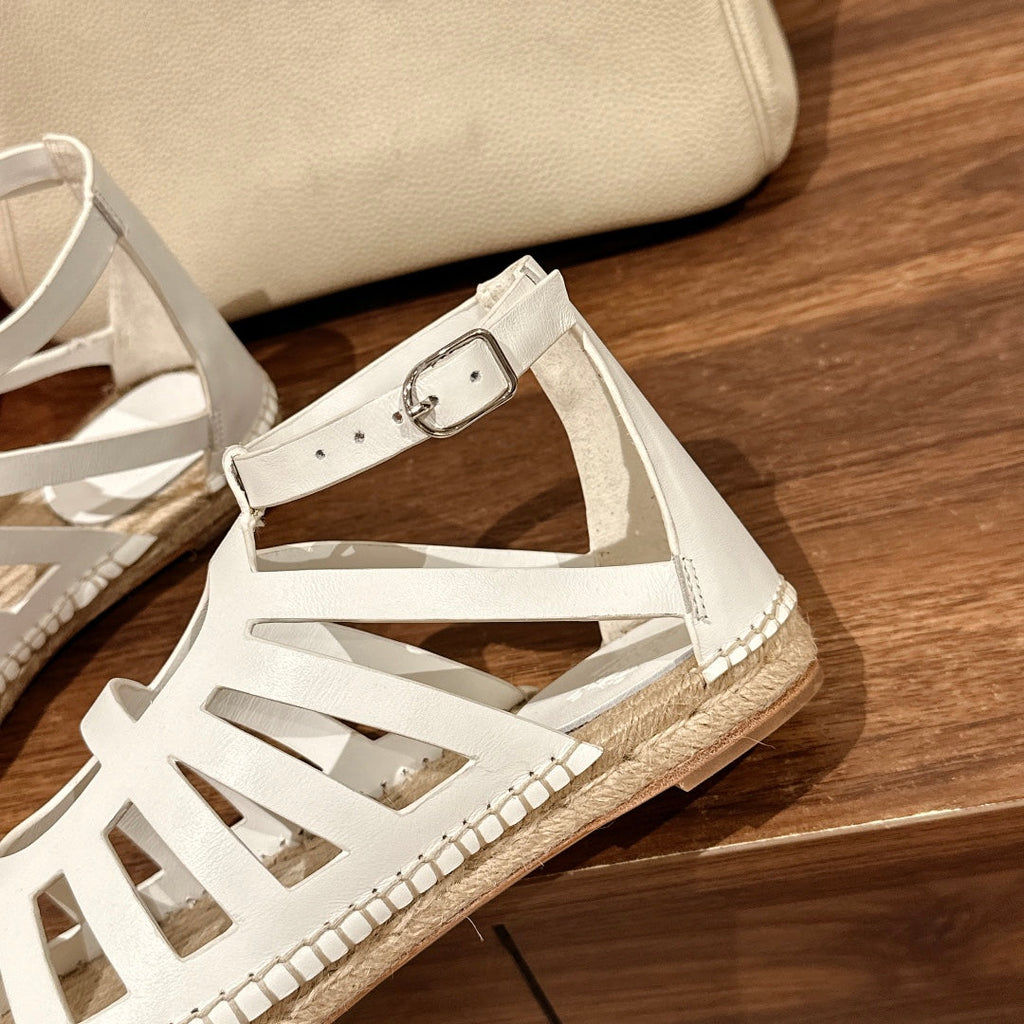 HERMES STRAW SOLE SANDAL WHITE LAMBSKIN